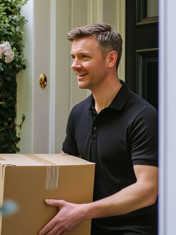 man wearing black polo shirt holding a carboard box