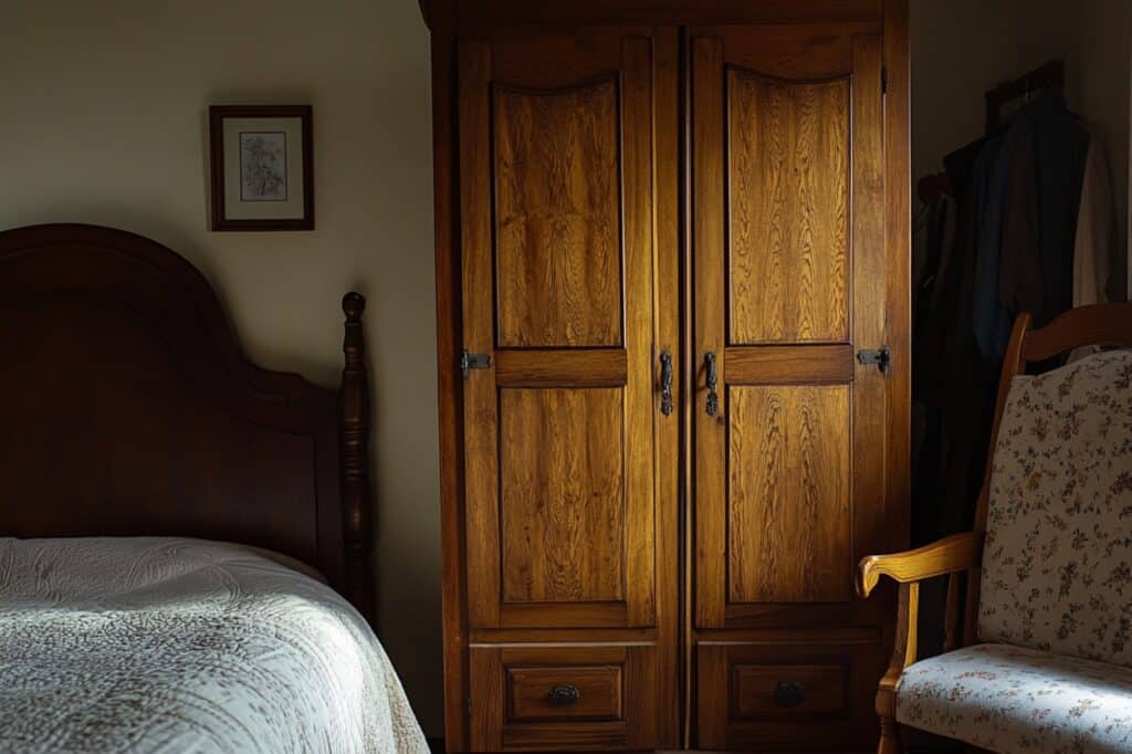 A large wooden cabinet in the bedroom