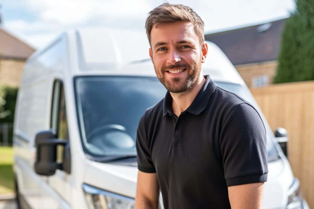 A man and van in front of the white van in the morning of a moving day