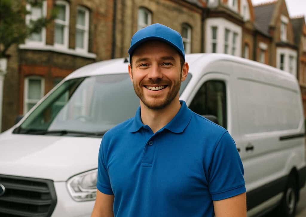man wearing blue polo shirt and hat in front of a white van