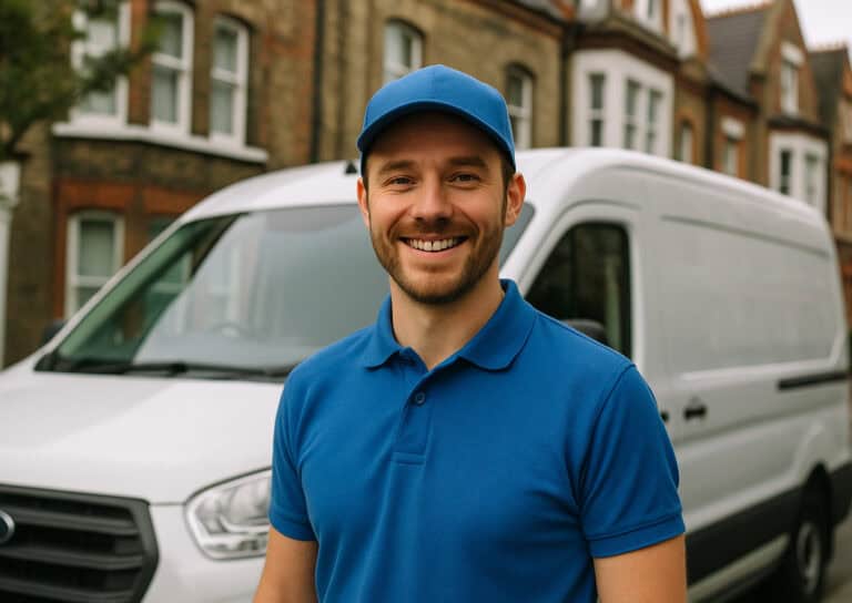 man wearing blue polo shirt and hat in front of a white van
