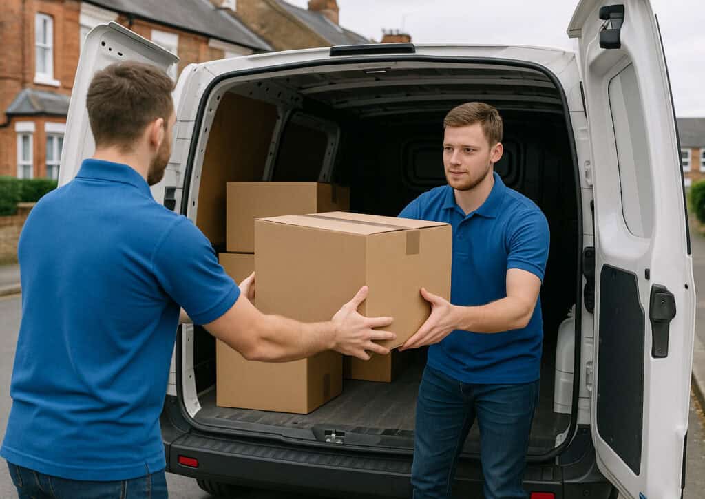 Men loading boxes inside a van