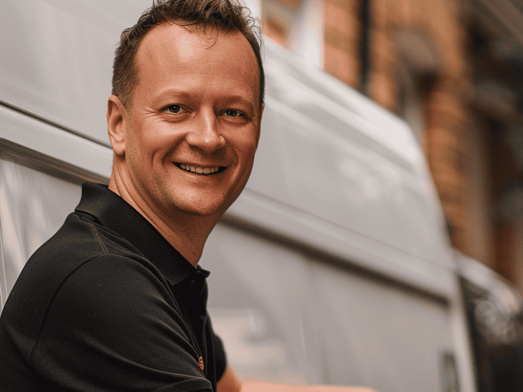 A man and van outside the white van in the concept of cheap man and van quote in Wood Green