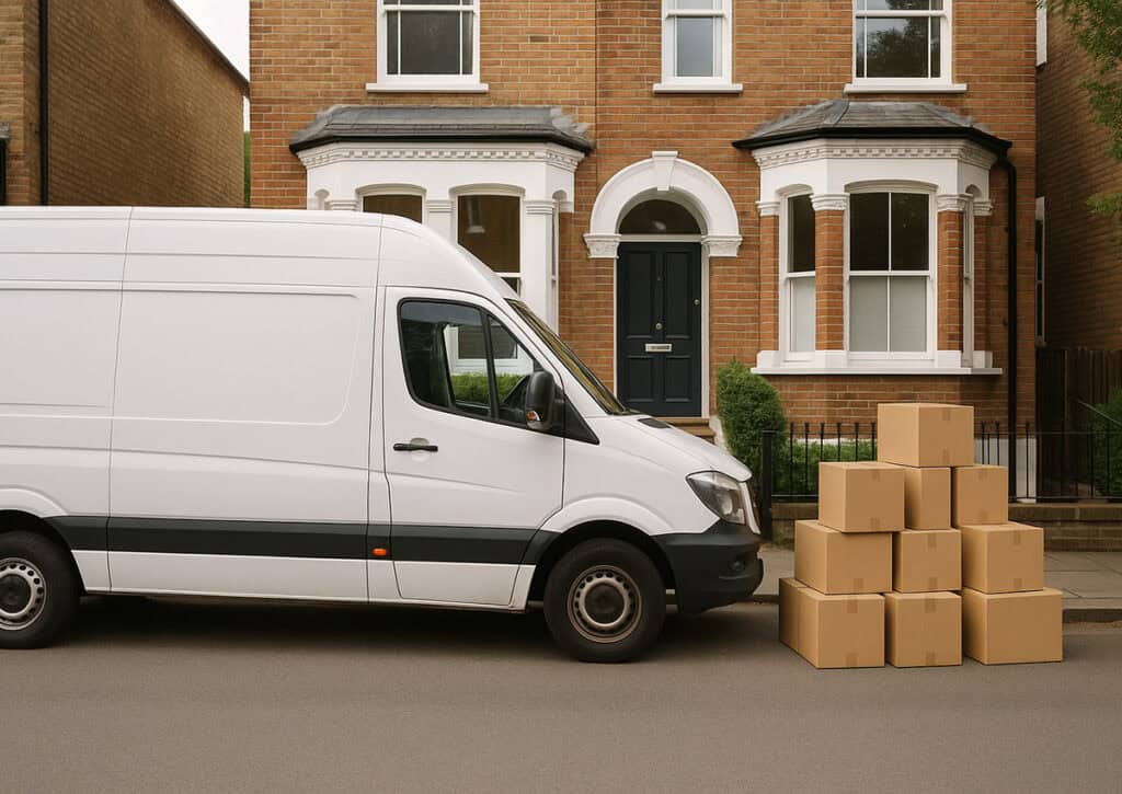 Van parked on the curb with stack of boxes nearby